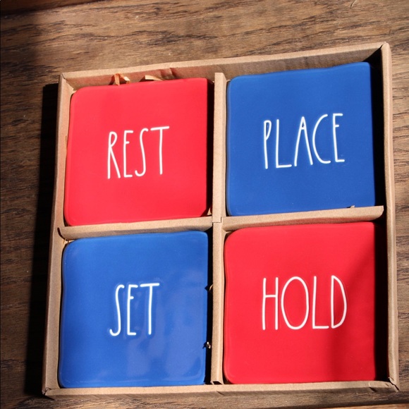 RAE DUNN REST/SET/HOLD/PLACE red/blue ceramic coaster set NIB - Picture 15 of 15